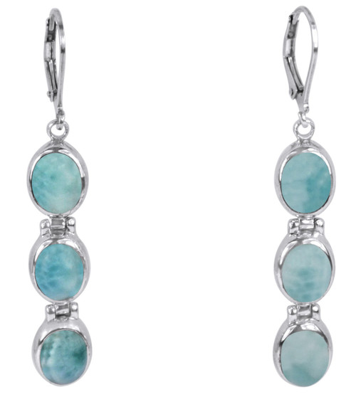 Sterling Silver Larimar Dangle Leverback Earrings Women Three Stone Drop Natural Blue