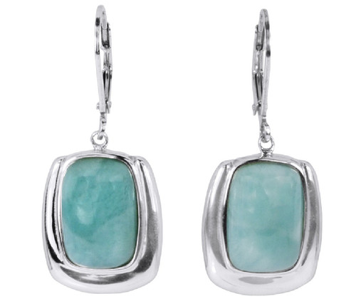 Sterling Silver Natural Blue Larimar Rectangle Dangle Leverback Earrings Women