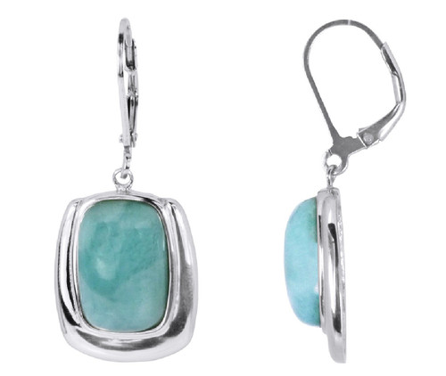 Sterling Silver Natural Blue Larimar Rectangle Dangle Leverback Earrings Women