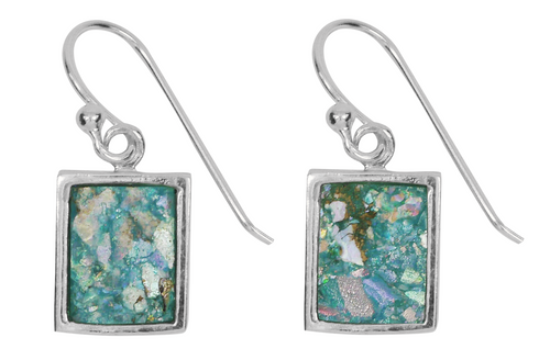 Sterling Silver Roman Glass Rectangle Earrings for Women, Small Bezel-Set Drop
