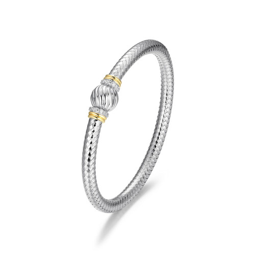 6.75" Rhodium- and Gold-Plated Sterling Silver Fluted Ball CZ Bangle Bracelet by Charles Garnier