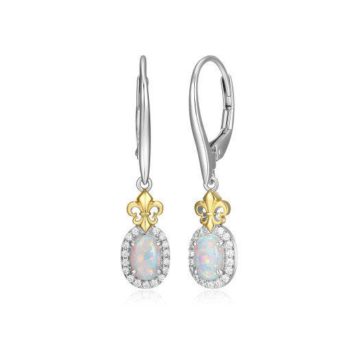 Two-Tone Sterling Silver Oval Lab-Created Opal and CZ Fleur-de-Lis Drop Earrings by Charles Garnier