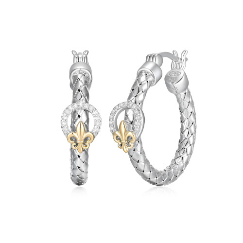 25mm Two-Tone Sterling Silver and 14K Gold Diamond Fleur-de-Lis Hoop Earrings by Charles Garnier