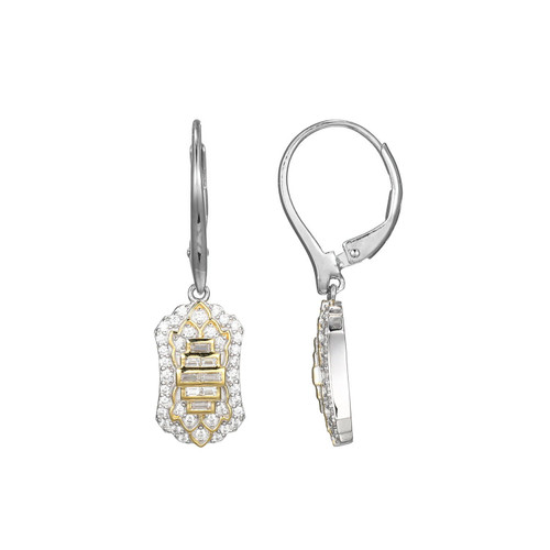 Two-Tone Sterling Silver Elegant CZ Art Deco Style Drop Earrings by Charles Garnier