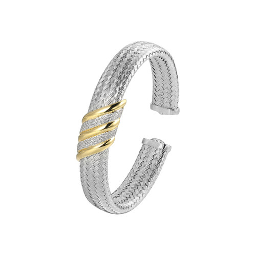 6.75" Sterling Silver Woven Cuff Bracelet with Triple Gold-Tone CZ Accents by Charles Garnier