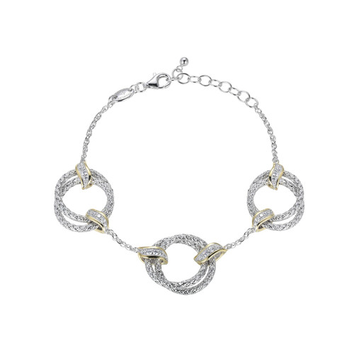 6.75"+1.25" Sterling Silver Textured Circle Link Bracelet with Gold-Tone CZ Accents by Charles Garnier