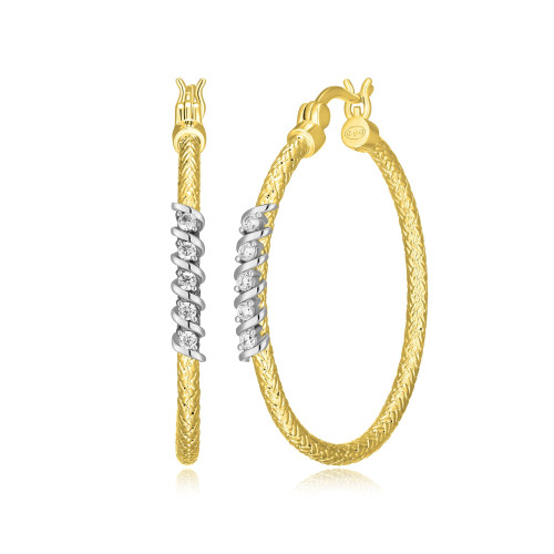 35mm Gold-Plated Sterling Silver Hoop Earrings with Diagonal CZ Accent by Charles Garnier