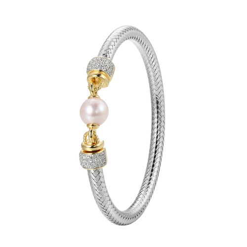 6.75" Two-Tone Sterling Silver Cultured Freshwater Pearl and CZ Bangle Bracelet by Charles Garnier