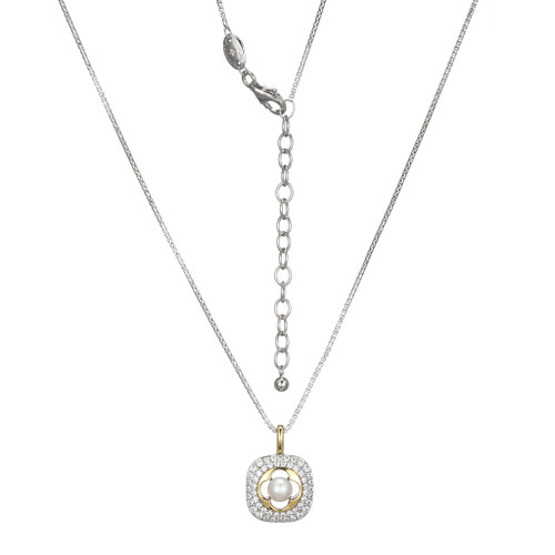 17"+2" Sterling Silver Necklace with Cultured Freshwater Pearl and CZ Cushion Pendant by Charles Garnier