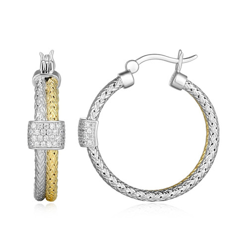 25mm Two-Tone Sterling Silver Braided Hoop Earrings with Pave CZ Center by Charles Garnier