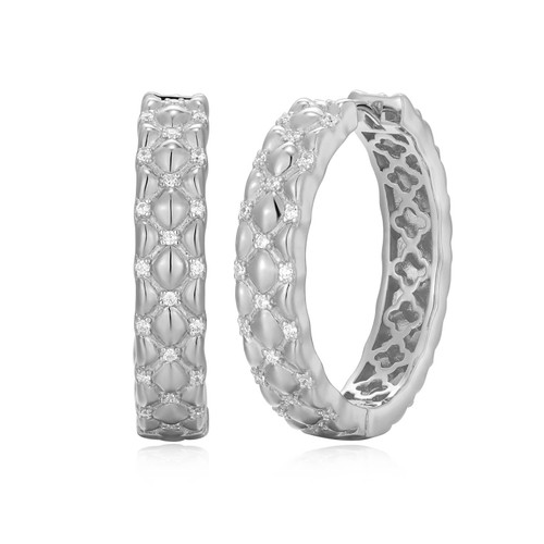 25mm Rhodium-Plated Sterling Silver Quilted Pattern Hoop Earrings with CZ by Charles Garnier