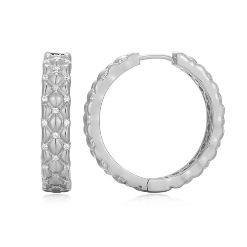 25mm Rhodium-Plated Sterling Silver Quilted Pattern Hoop Earrings with CZ by Charles Garnier