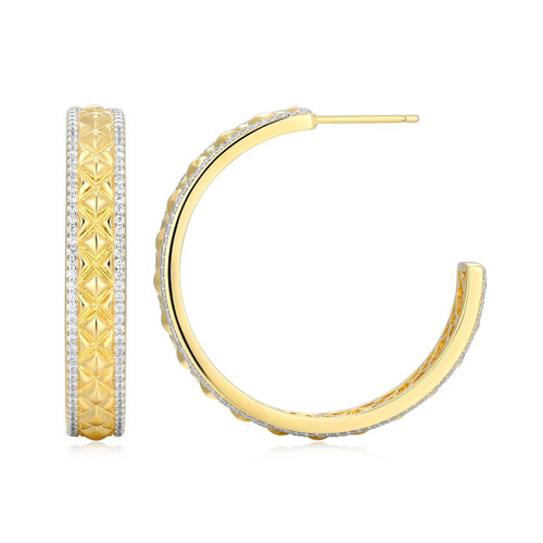 35mm Two-Tone Sterling Silver Quilted CZ Hoop Earrings by Charles Garnier