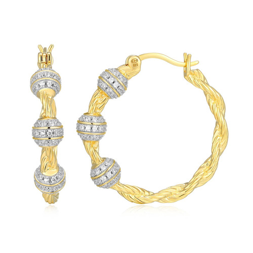 30mm Two-Tone Sterling Silver Rope Hoop Earrings with Pave CZ Beads by Charles Garnier