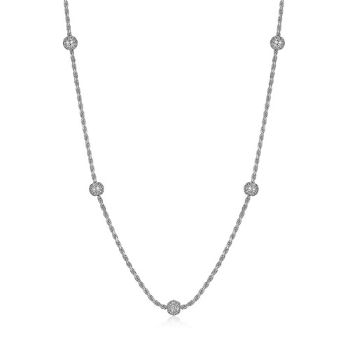 24"+2" Sterling Silver Rhodium-Plated Rope Necklace with Pave CZ Bead Stations by Charles Garnier