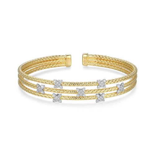 Sterling Silver Gold-plated and Rhodium-Plated 3-Row Mesh Cuff Bracelet with CZ Floral Accents by Charles Garnier