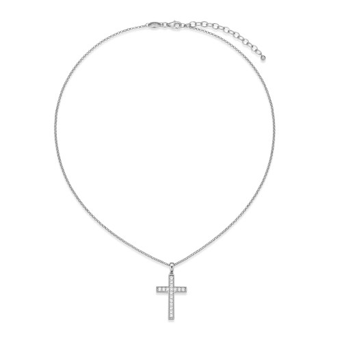 17"+2" Sterling Silver Rhodium-Plated CZ Cross Pendant Necklace by Charles Garnier