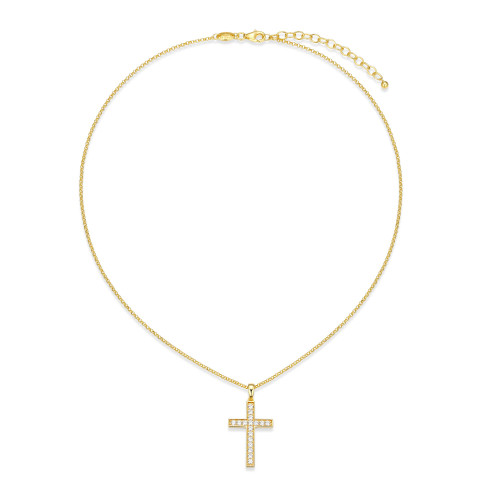 17"+2" Sterling Silver Gold-Plated CZ Cross Pendant Necklace by Charles Garnier