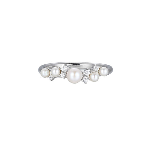 Sterling Silver Ring with Graduated Cultured Freshwater Pearls and CZ Cluster by Charles Garnier
