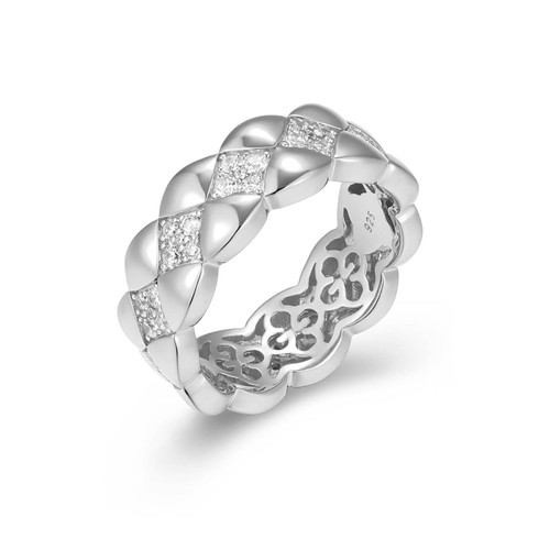 Rhodium-Plated Sterling Silver Quilted Pattern Band Ring w/ CZ by Charles Garnier