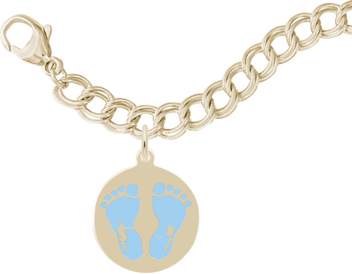 7" Gold Plated Sterling Silver Charm Bracelet w/ Painted Baby Feet Disc Blue Charm by Rembrandt