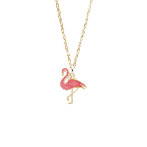 18 inch Gold Plated Sterling Silver Charm Necklace w/ Painted Flamingo Charm by Rembrandt