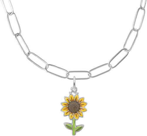 18" Sterling Silver Charm Necklace w/ Painted Sunflower Charm by Rembrandt