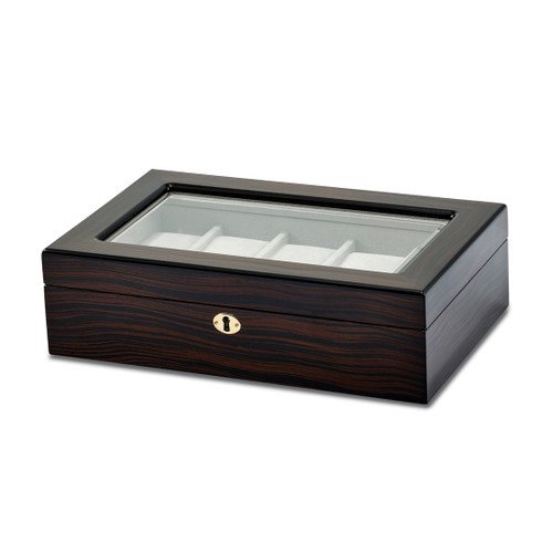 Luxury Giftware by Jere High Gloss Ebony Finish Veneer Beveled Glass Lid Locking Wooden 10-Watch Case