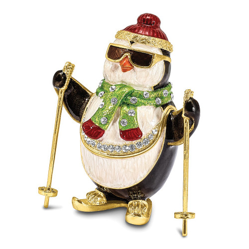 Luxury Giftware by Jere Bejeweled Crystals Gold-tone Enameled KOOLIO Skiing Penguin Trinket Box with Matching 18 Inch Necklace