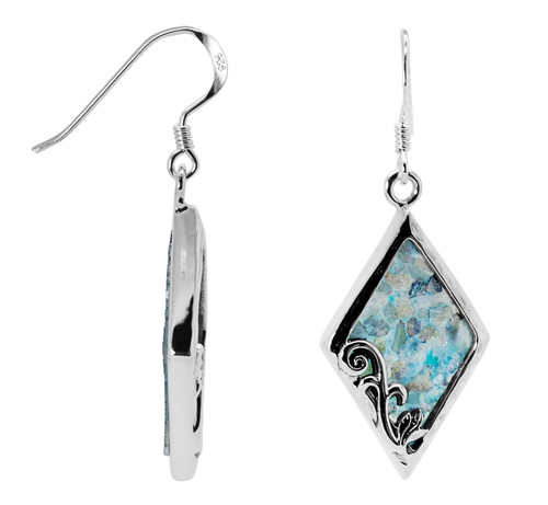41.6mm Ancient Roman Glass Dangle Earrings 925 Sterling Silver Diamond-Shape