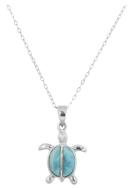 Sterling Silver Necklace Genuine Larimar Sea Turtle Pendant 28mm Blue Gemstone