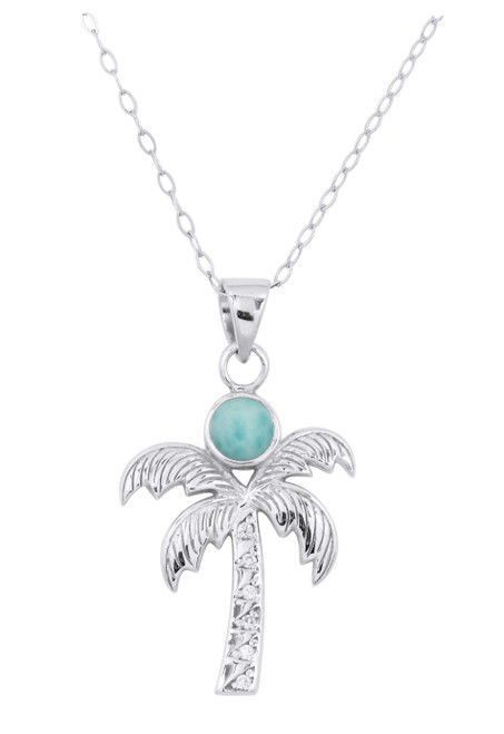 Sterling Silver Necklace Genuine Larimar Palm Tree Pendant Blue Gemstone w/ CZ