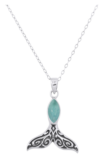 Sterling Silver Necklace Genuine Larimar Whale Tail Pendant 33mm Blue Gemstone