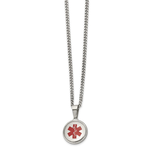 20 inch Stainless Steel Curb Chain Necklace with Polished Red Enamel Round Medical ID Pendant