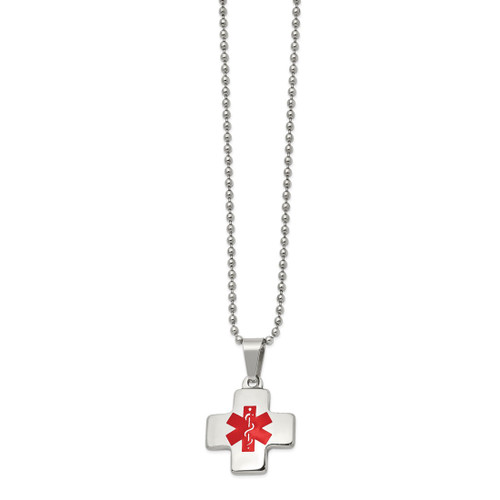 20 inch Stainless Steel Necklace Ball Chain with Polished Red Enamel Cross Medical ID Pendant