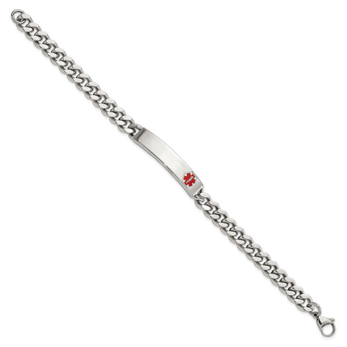 8.75 inch Stainless Steel Medical ID Bracelet with Curb Chain & Polished Red Enamel Symbol