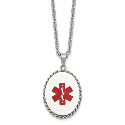 20 inch Stainless Steel Cable Chain Necklace with Polished Red Enamel Oval Medical ID Pendant