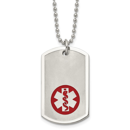 22 inch Stainless Steel Ball Chain Necklace with Brushed and Polished Red Enamel Medical ID Dog Tag Pendant