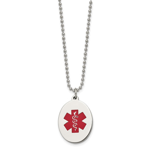 22 inch Stainless Steel Ball Chain Necklace with Polished Red Enamel Oval Medical ID Pendant