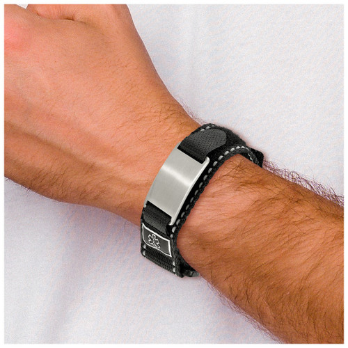 5.75-8.5 inch Stainless Steel Brushed Black Nylon Velcro Adjustable Medical ID Bracelet