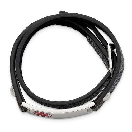 5.5-6.75 inch Stainless Steel Polished Red Enamel Medical ID Black Leather Adjustable Wrap Bracelet