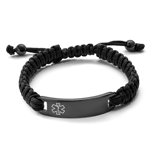 7.5-9.5 inch Stainless Steel Polished Black IP-Plated White Enamel Black Nylon Adjustable Medical ID Bracelet