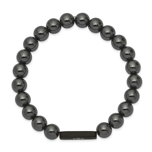 6.75 inch Stainless Steel Brushed Black IP-Plated White Enamel Medical ID 8mm Hematite Beaded Stretch Bracelet