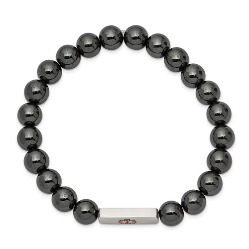 6.75 inch Stainless Steel Polished Red Enamel Medical ID 8mm Hematite Beaded Stretch Bracelet