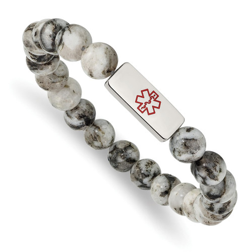 6.75 inch Stainless Steel Polished Red Enamel Medical ID 8.5mm Lotus Jasper Beaded Stretch Bracelet