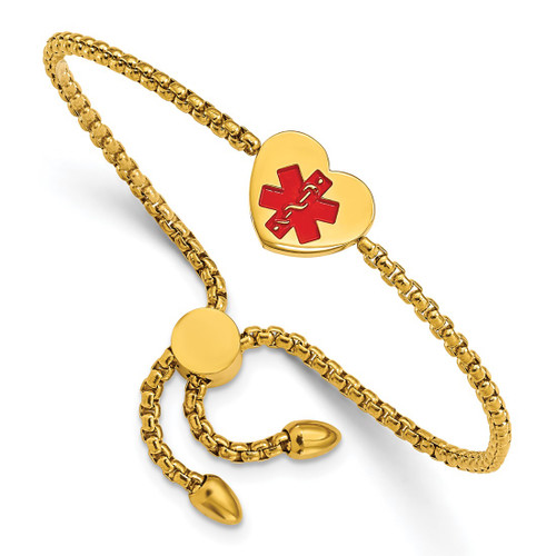 Adjustable Friendship-Style Yellow IP-Plated Stainless Steel Medical ID Bracelet with Polished Red Enamel Heart