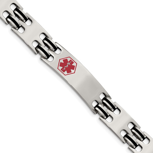 8.25 inch Stainless Steel & Black Rubber Medical ID Bracelet with Polished Red Enamel Plate