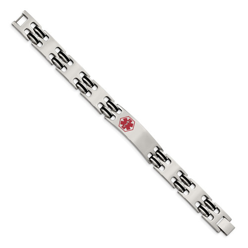 8.25 inch Stainless Steel & Black Rubber Medical ID Bracelet with Polished Red Enamel Plate