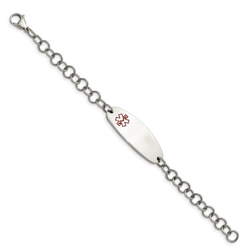 7.25 inch Stainless Steel Medical ID Bracelet with Open Link Chain and Polished Red Enamel Symbol Plate