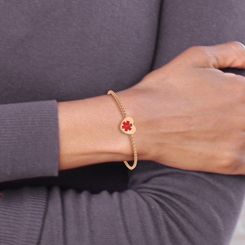 Adjustable Friendship-Style Rose IP-Plated Stainless Steel Medical ID Bracelet with Polished Red Enamel Heart